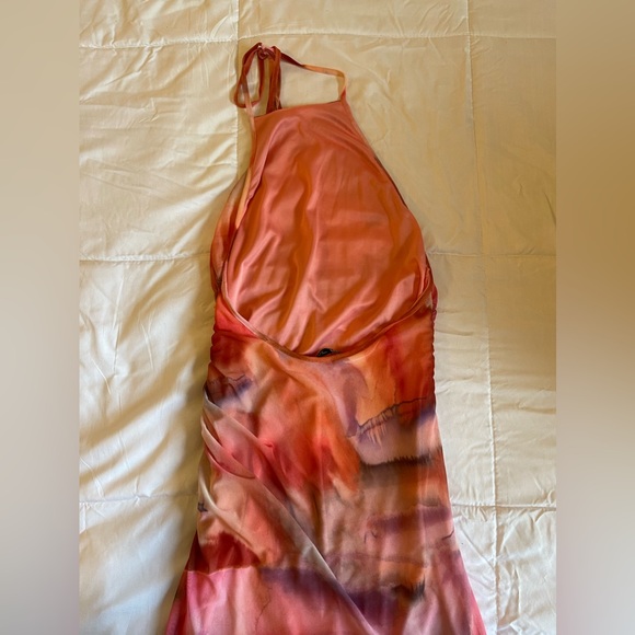 Zara Pink Tie Dye Mesh Halter Ruched Bodycon Midi Dress - Picture 5 of 6